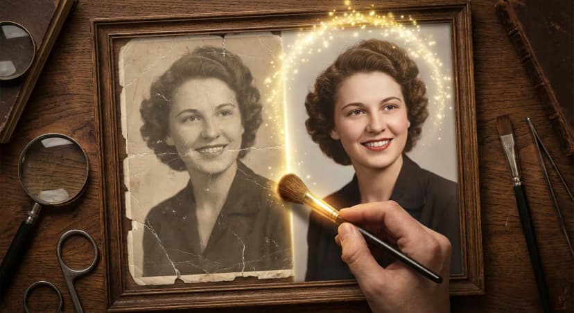 ヴィンテージ肖像のキズ修復と色復元の様子